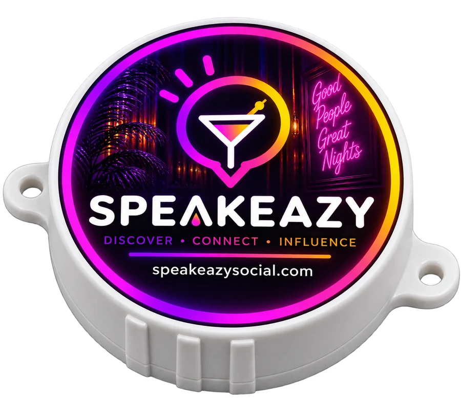 The Speakeazy Beacon: a small white disc with the Speakeazy sticker on its face