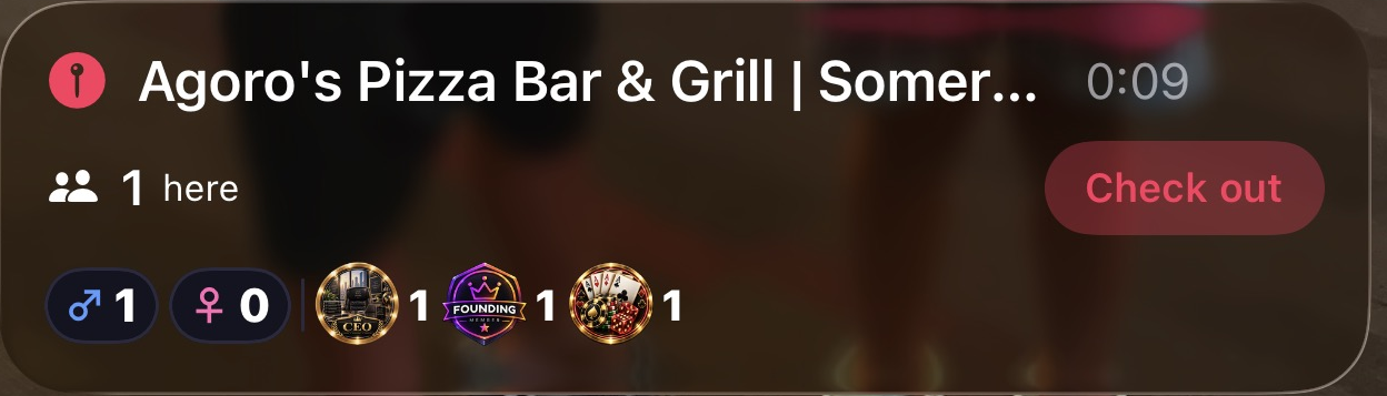 The Speakeazy Live Activity on an iPhone lock screen: the venue name, a running timer, how many people are in the room, the gender split, the badges being worn, and a Check out button